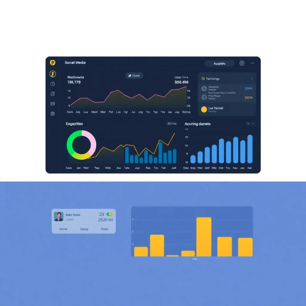 social media dashboard with analytics charts, user engagement metrics, modern interface design